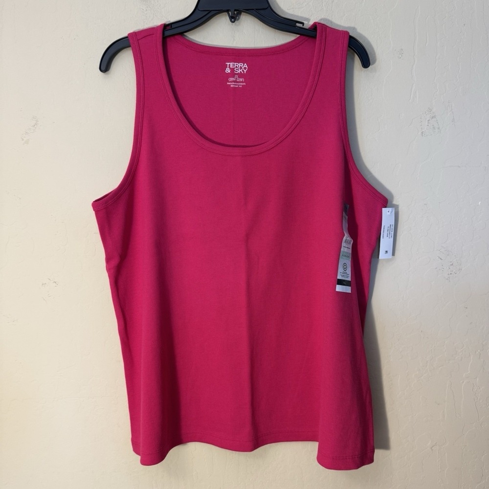 Terra & Sky Tank Top Women Plus 2X Fuchsia Pink Ribbed Scoop Neck Stretch NEW